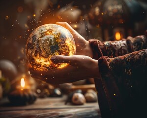 Hand of a fortune teller caressing a glowing globe forecasting futures in an enchanting dimly lit setting - obrazy, fototapety, plakaty