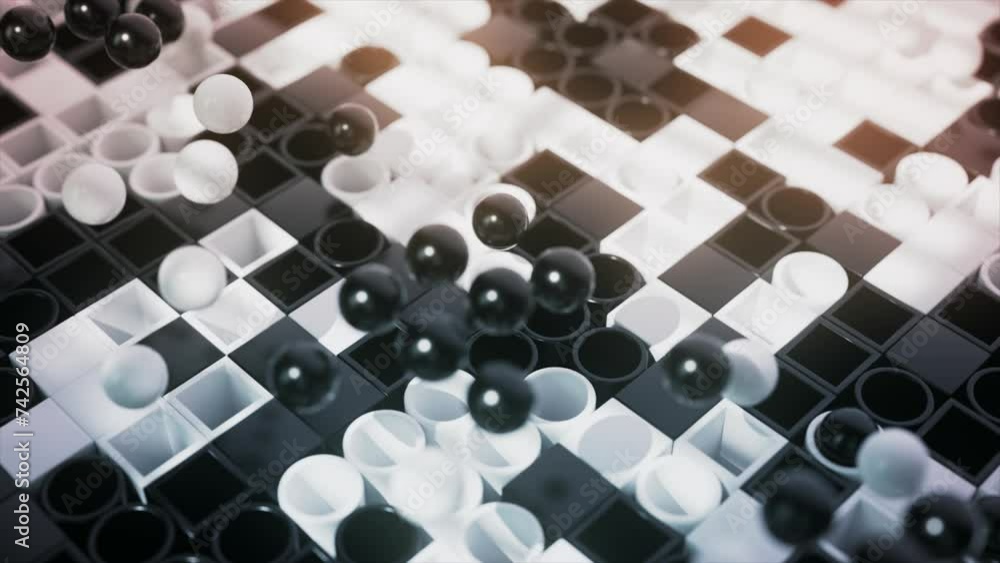 Poster monochromatic orbs float above a chessboard, creating a 3d play of shadow and light.