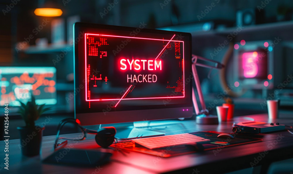 Poster cybersecurity breach warning with system hacked alert on a computer screen in a dark office environm