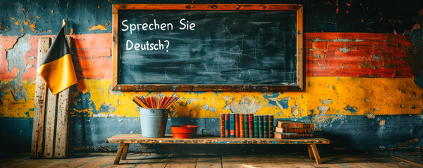 Sprechen Sie Deutsch? Do You Speak German? Vintage classroom setup with chalkboard, German flag, old books, and a pot of pencils, evoking language learning and education