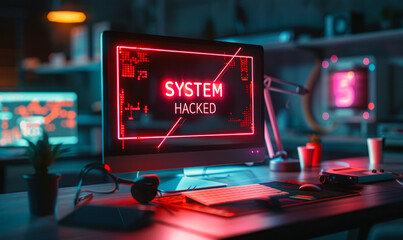 Cybersecurity breach warning with SYSTEM HACKED alert on a computer screen in a dark office environment, symbolizing internet safety threats