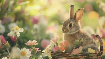 Adorable rabbit in wicker basket with colorful spring flowers on a green grass background
