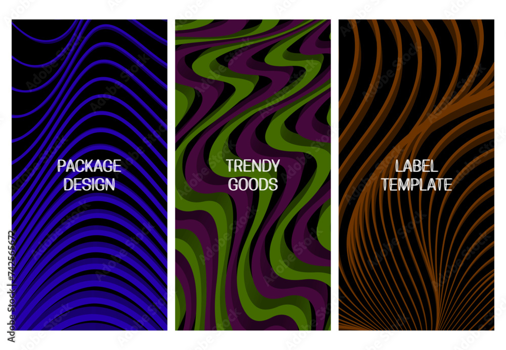 Poster set of packaging design with abstract volumetric backgrounds with colored 3d stripes. vector templat