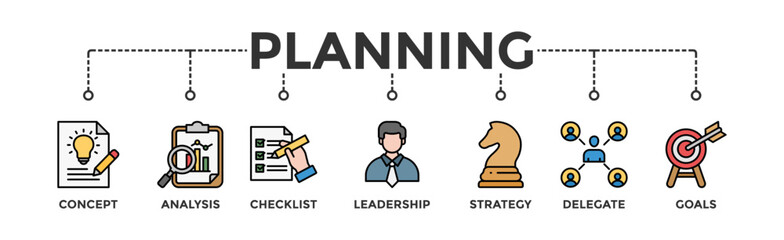 Planning banner web icon illustration concept with icon of concept, analysis, checklist, leadership, strategy, delegate and goals