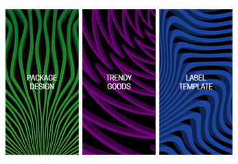Set of packaging design with abstract volumetric backgrounds with colored 3D stripes.