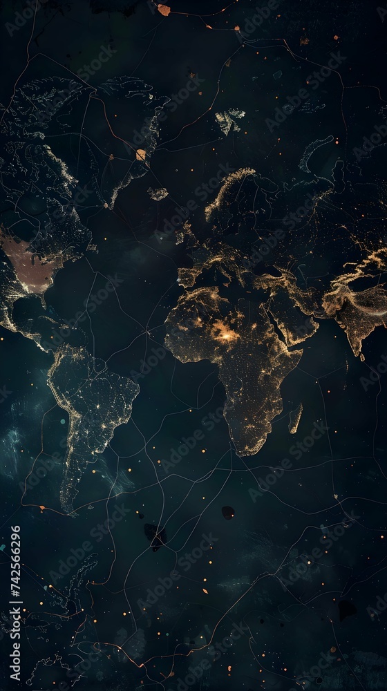 Wall mural background in dark colors with the image of the world that was taken over by neural networks, minima