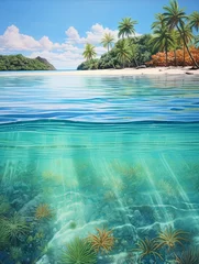 Cercles muraux Corail vert Crystal Clear Spring Lagoons Tropical Beach Art: Vintage Landscape of a Lagoon Beach