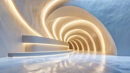 Futuristic modern tunnel in a winter landscape, illuminated with light, showcasing abstract architecture and design concepts