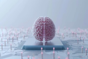 AI Brain Chip on. Artificial Intelligence neurological human ii vi semiconductor mind circuit board. Neuronal network asic design smart computer processor cutting edge - obrazy, fototapety, plakaty