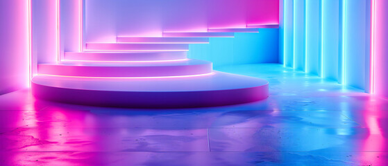 Futuristic Interior with Neon Lights, Abstract Blue Room, Modern Stage and Floor, Sci-Fi Architectural Concept