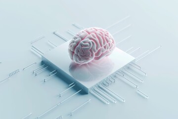AI Brain Chip neurostimulation. Artificial Intelligence penetration human geoinformatics mind circuit board. Neuronal network mems smart computer processor semiconductor reliability - obrazy, fototapety, plakaty