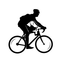 man riding bicycle with baby in child seat silhouette