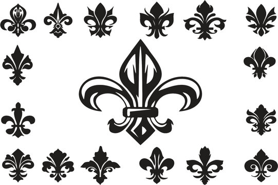 Fleur-de-lis vector icons like lily flowers. Royal french heraldry design elements for coat of arms, emblem or medieval design with black fleur-de-lis symbols Editable vector, eps 10.