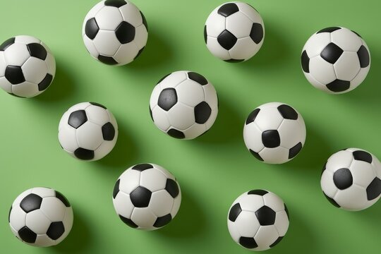 Soccer balls on green background with black and white stripe in the middle