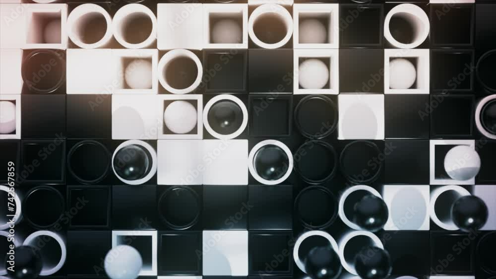 Poster monochrome spheres ascend from a chessboard, creating a 3d gradient of shadows and highlights.