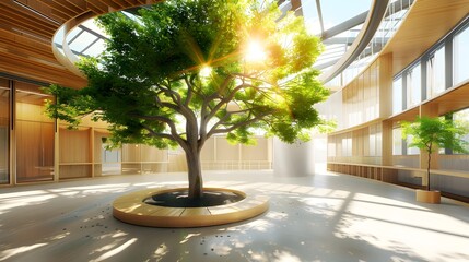 concept of green, eco-building. green tree indoors with solar canopy for energy efficiency and clean - obrazy, fototapety, plakaty