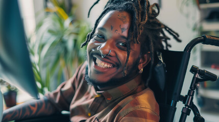 Inclusive image showing a happy smiling black African American disabled office colleague in a wheelchair. Black office employee with tattoos and facial piercings