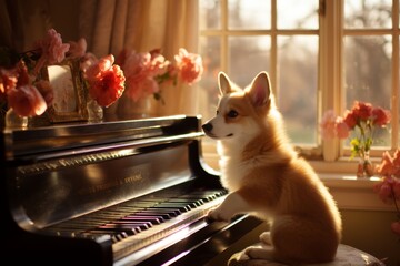 Corgi dog playing piano in bright room on sunny day, funny animal, adorable pet composition - obrazy, fototapety, plakaty