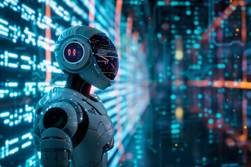 Vision of Tomorrow: A High-Tech Robot Stands Before a Digital Interface, Symbolizing Advanced AI, Connectivity, and the Pioneering Spirit of Technological Progress.