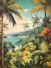 Lush Tropical Rainforest Canopies in Vintage Beach Scene Painting