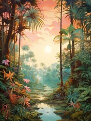 Lush Tropical Rainforest Canopies Beach Scene Vintage Painting