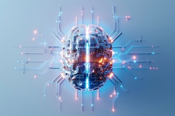 AI Brain Chip response. Artificial Intelligence memory mind modular network axon. Semiconductor brain network reorganization circuit board cognitive computing impact - obrazy, fototapety, plakaty
