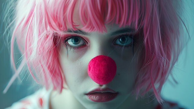 April Fools' Day. The girl with the pink wig and the clown nose 