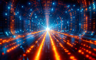 Fototapeta na wymiar Futuristic blue tunnel with glowing lines, symbolizing speed and digital progression in a science fiction setting