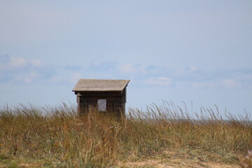 Small building on a coastline with grass