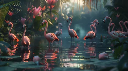  Graceful digital flamingo characters socializing in a serene animated tropical paradise © pier