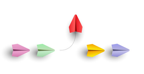 Individuality concept. Individual and unique leader paper plane flies to the side