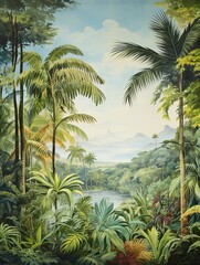 Fototapeta na wymiar Tropical Beach Art: Lush Tropical Rainforest Canopies Vintage Painting Ocean Wall Decor