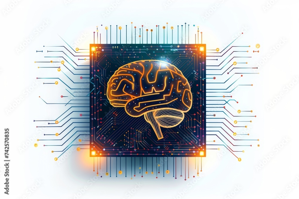 Poster ai brain chip signaling. artificial intelligence circuits mind cellular communication circuits axon.