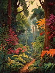 Fototapeta na wymiar Lush Tropical Rainforest Canopies Garden Scene, Vintage Art Print