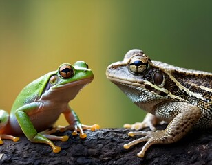 Small and large frogs. Looking at each other
