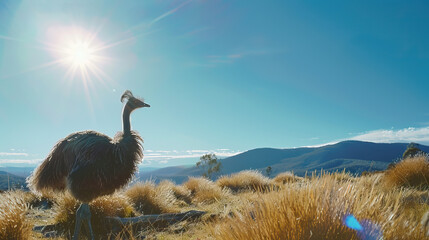 Close-up shot of a Tasmanian emu bird in its wild natural habitat, sunny bright blue sky. Concept shot on extinction, poaching, hunting, over-hunting and the threat to animals from humans