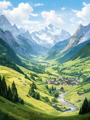 Fototapeta premium Quaint Alpine Villages Panoramic Landscape Print - Broad View Gallery