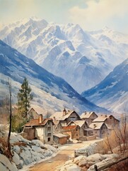 Fototapeta na wymiar Vintage Art Print: Quaint Alpine Villages Mountain Landscape at High Altitude