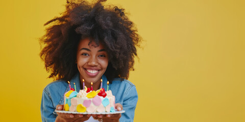 Joyful African American Woman Celebrating with a Birthday Cake - Perfect for Greeting Cards and Celebration Marketing