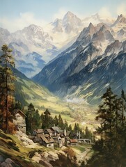 Vintage Alpine Village Print: Snow-capped Mountain Landscape with Quaint Village Below