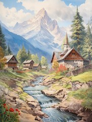 Quaint Alpine Village Watercolor Painting of Colorful Stream and Brook Landscape