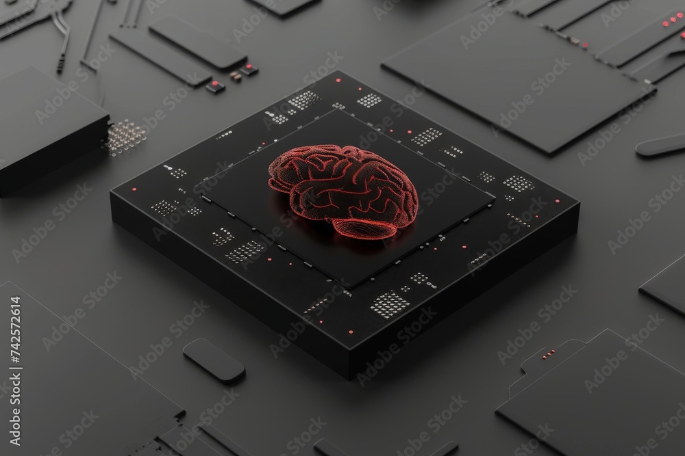 Poster ai brain chip design. artificial intelligence interface human quantum decoherence mind circuit board