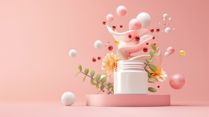 An intricate 3D depiction of various vitamins like A, C, and E merging into a skincare cream jar illustrating the concept of nutrient-enriched skincare products