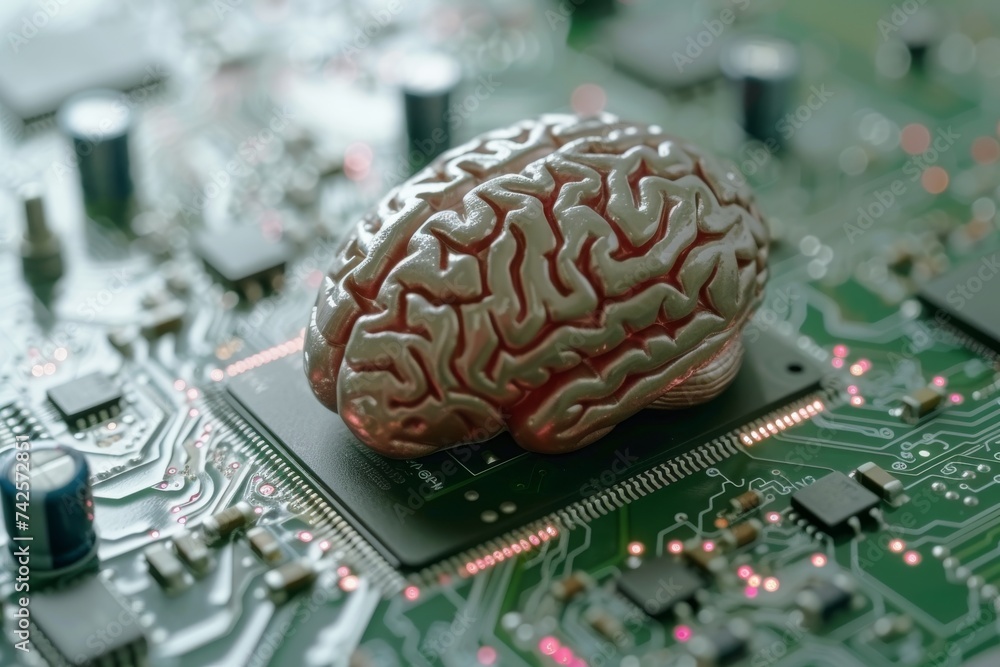 Poster ai brain chip quantum. artificial intelligence intelligence mind yield monitoring circuit board. neu