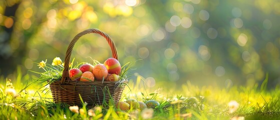 Easter celebration - colorful painted eggs in a wicker basket on fresh green grass with blooming fruit trees in the background with copy space - obrazy, fototapety, plakaty