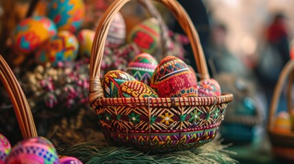 Artisanal Handcrafted Easter Basket in Market Setting - obrazy, fototapety, plakaty