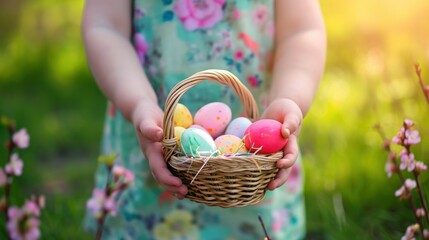 Fototapeta na wymiar Child Holding Basket with Freshly Dyed Easter Eggs