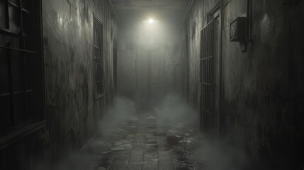 Misty Corridor with Vintage Doors - Suitable for Gothic Horror Stories and Historical Mysteries - obrazy, fototapety, plakaty