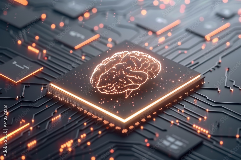 Poster ai brain chip pcb. artificial intelligence flexibility mind brain connectivity and traumatic brain i