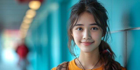 A shy and positive Asian teen in traditional style, exuding calm happiness with a calm expression.